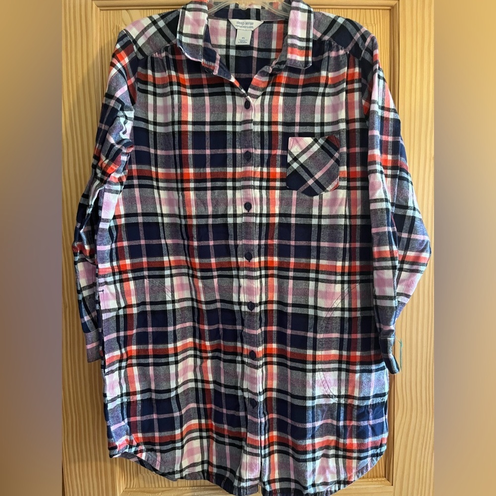 Sleep Sense Blue Pink Red Plaid Pajama Button‎ Down Top Size XL